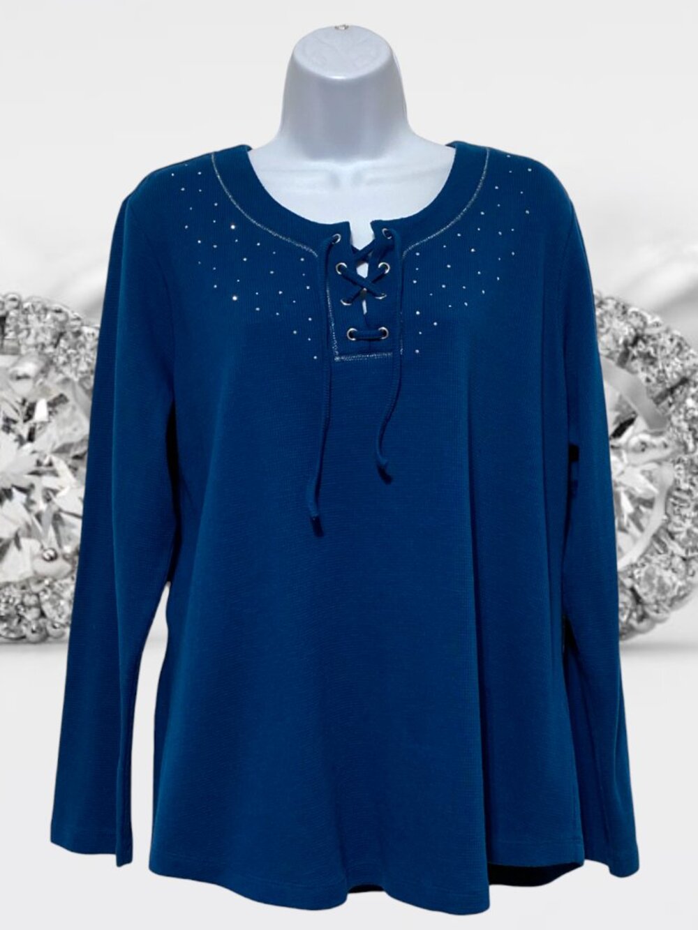 Christopher & Banks-Women's XL Pullover Blue Top Tie Neckline-With Rhinestones